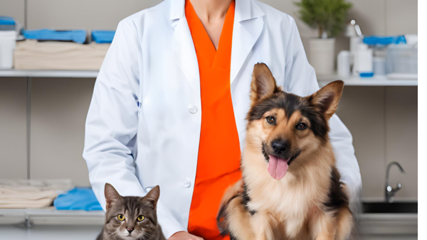 Healthy pets (cat and dog) with scientist after cures produces from preclinical research studies including pharmacokinetics, safety pharmacology and toxicology 